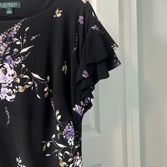 Lauren black dark floral cinched dress SZ 14 black wrap style ruffle career - Picture 4 of 14